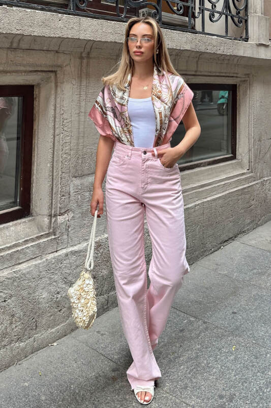 Pembe Paça Detaylı Yüksek Bel Wide Leg Kadın Jean - SWİST