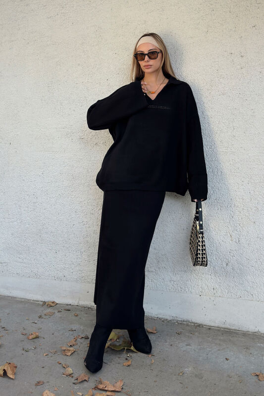 Siyah Ajurlu Polo Yaka Kazak-Midi Etek Kadın Triko Alt Üst Takım - SWİST (2)