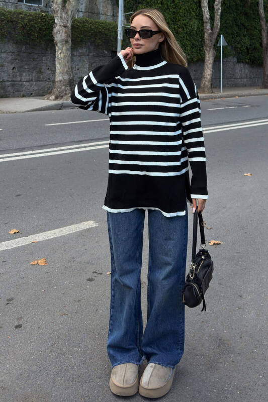 Siyah Balıkçı Yaka Çizgili Yırtmaçlı Kadın Triko Kazak - SWİST