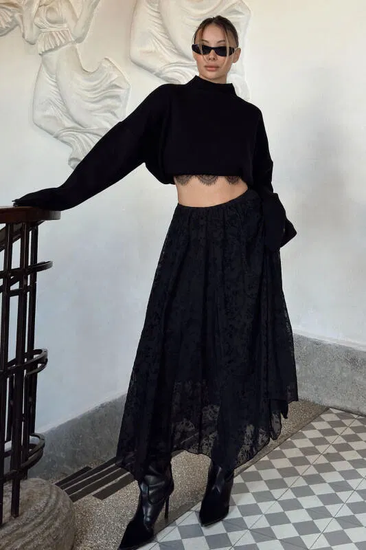 Siyah Beli Lastikli Astarlı Flok Baskılı Asimetrik Kadın Midi Etek - SWİST