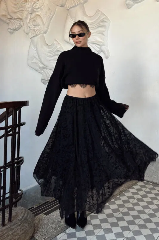 Siyah Beli Lastikli Astarlı Flok Baskılı Asimetrik Kadın Midi Etek - SWİST (2)