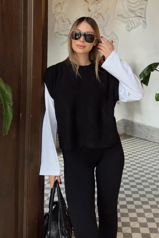 Siyah Bisiklet Yaka Beyaz Kol Garnili Kadın Crop Sweat - SWİST (2)