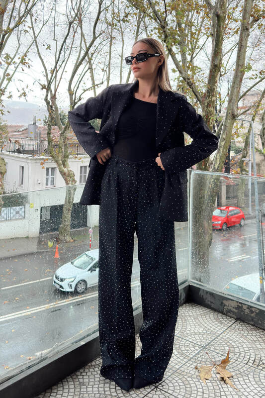 Siyah Full Taşlı Blazer Ceket Yüksek Bel Pantolon Kadın Alt Üst Takım - SWİST (2)