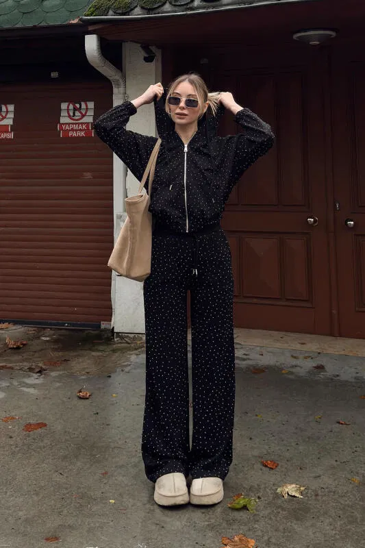 Siyah Full Taşlı Kapüşonlu Fermuarlı Hırka Eşofman Altı Kadın Alt Üst Takım - SWİST (2)