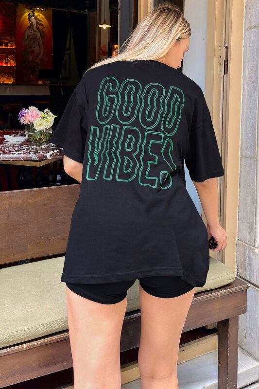 Siyah Good Vibes Sırt Baskılı Oversize Kadın Tshirt - SWİST