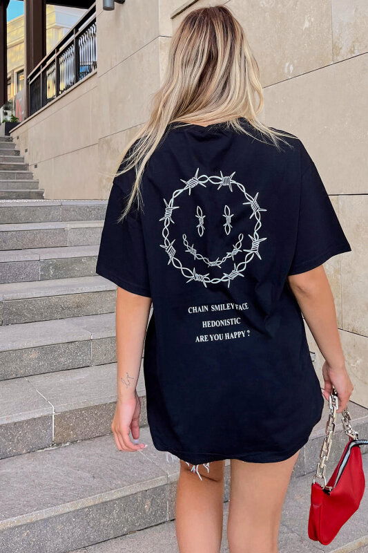 Siyah Hedonistic Sırt Baskılı Oversize Kadın Tshirt - SWİST (2)