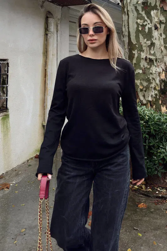 Siyah Kayık Yaka Basic Kadın Korsman Triko Bluz - SWİST