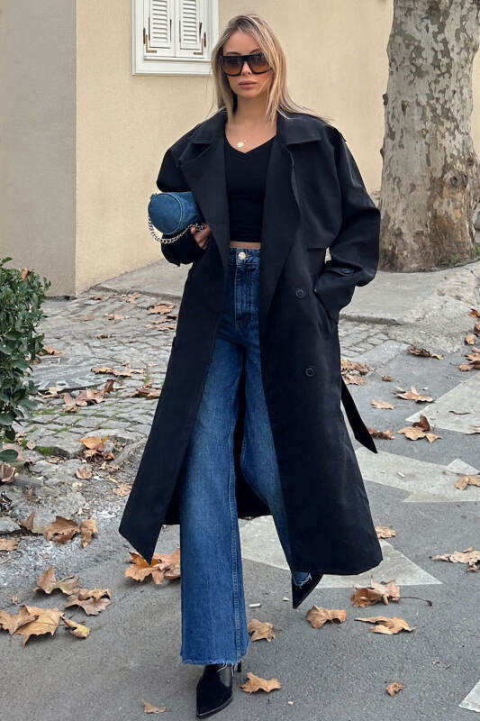 Siyah Oversize Kuşaklı Kruvaze Yaka Apoletli Kadın Midi Trençkot - SWİST