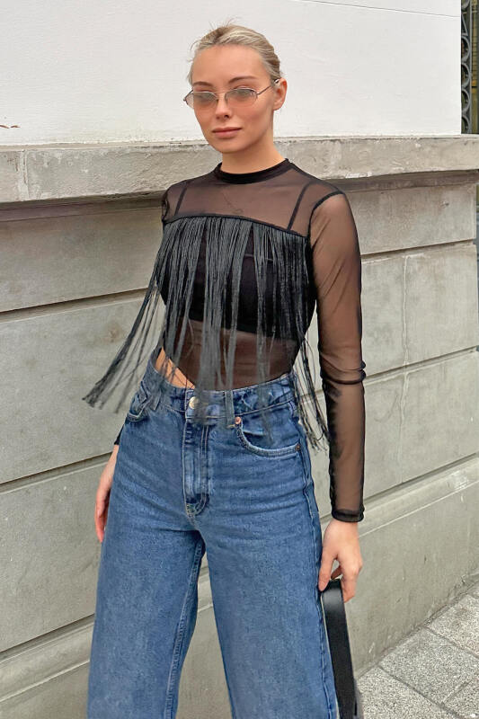 Siyah Saçaklı Transparan Kadın Tül Crop Bluz - SWİST