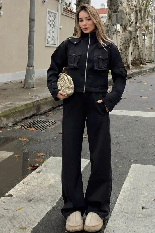 Siyah Scuba Kapüşonlu Fermuarlı Crop Pantolon Cepli Kadın Alt Üst Takım - SWİST