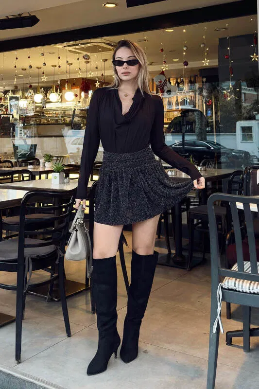 Siyah Simli Yüksek Bel Pileli Kadın Şort Etek - SWİST (2)