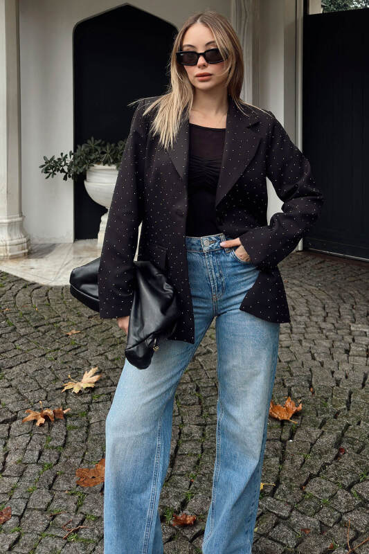 Siyah Taş Detaylı Kruvaze Yaka Tek Düğmeli Kadın Blazer Ceket - SWİST