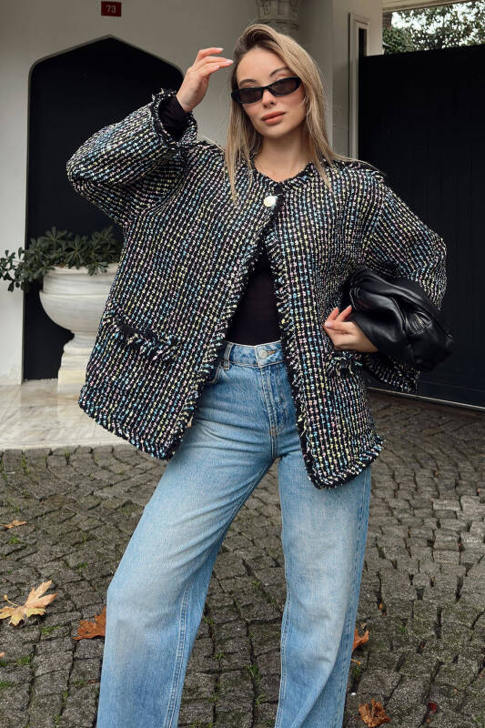 Siyah Tüvit Tek Düğmeli Çift Cepli Kadın Ceket - SWİST