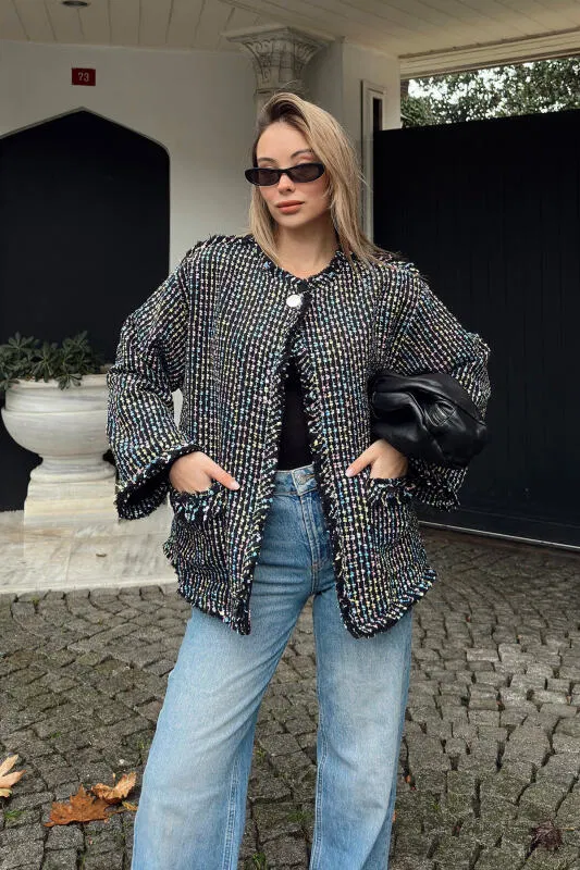 Siyah Tüvit Tek Düğmeli Çift Cepli Kadın Ceket - SWİST (2)