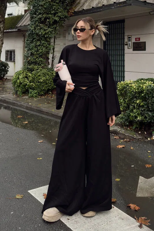 Siyah Yarasa Kol Crop Bel Detay Bol Paça Pantolon Kadın Alt Üst Takım - SWİST (2)