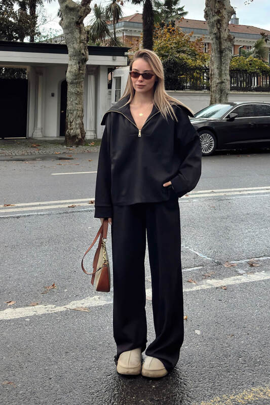 Siyah Yarım Fermuar Sweat Pantolon Kadın Alt Üst Takım - SWİST (2)