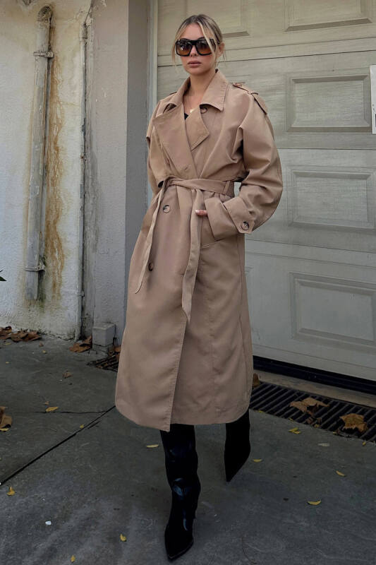 Vizon Oversize Kuşaklı Kruvaze Yaka Apoletli Kadın Midi Trençkot - SWİST