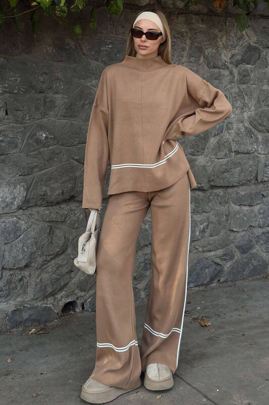 Vizon Step Şerit Detaylı Dik Yaka Arkası Uzun Kazak-Pantolon Kadın Triko Alt Üst Takım - SWİST