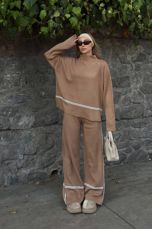 Vizon Step Şerit Detaylı Dik Yaka Arkası Uzun Kazak-Pantolon Kadın Triko Alt Üst Takım - SWİST (2)