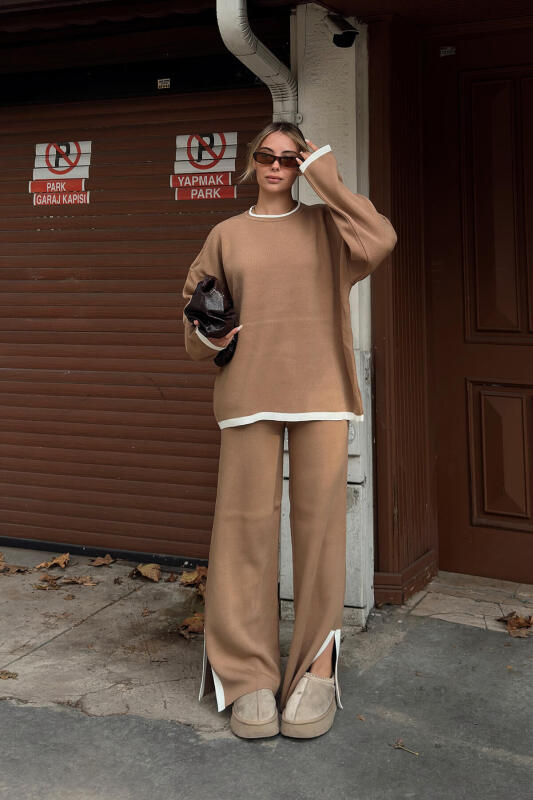 Vizon Uma İntersiye Çizgili Yırtmaçlı Oversize Kazak-Pantolon Kadın Triko Alt-Üst Takım - SWİST (2)