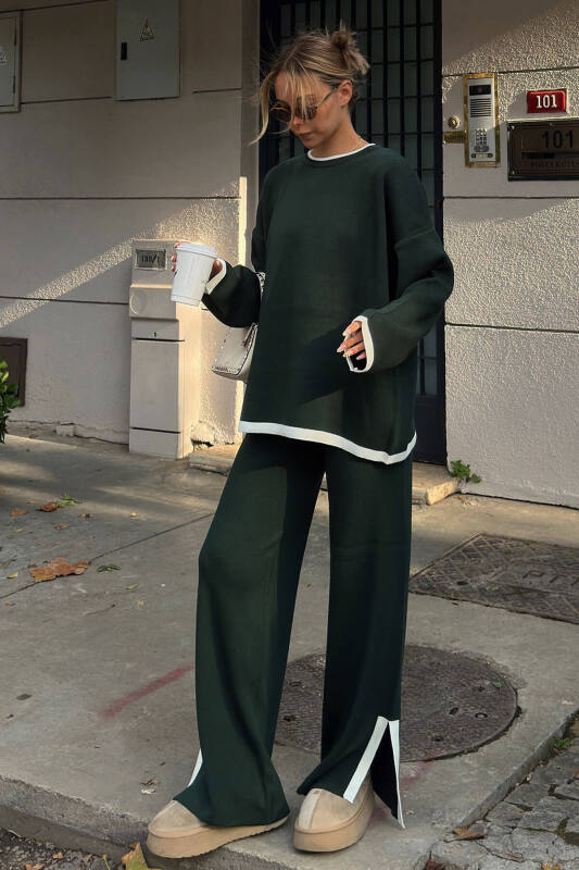 Yeşil Uma İntersiye Çizgili Yırtmaçlı Oversize Kazak-Pantolon Kadın Triko Alt-Üst Takım - SWİST