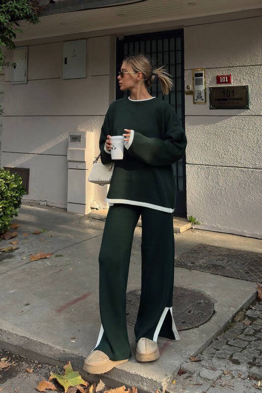 Yeşil Uma İntersiye Çizgili Yırtmaçlı Oversize Kazak-Pantolon Kadın Triko Alt-Üst Takım - SWİST (2)