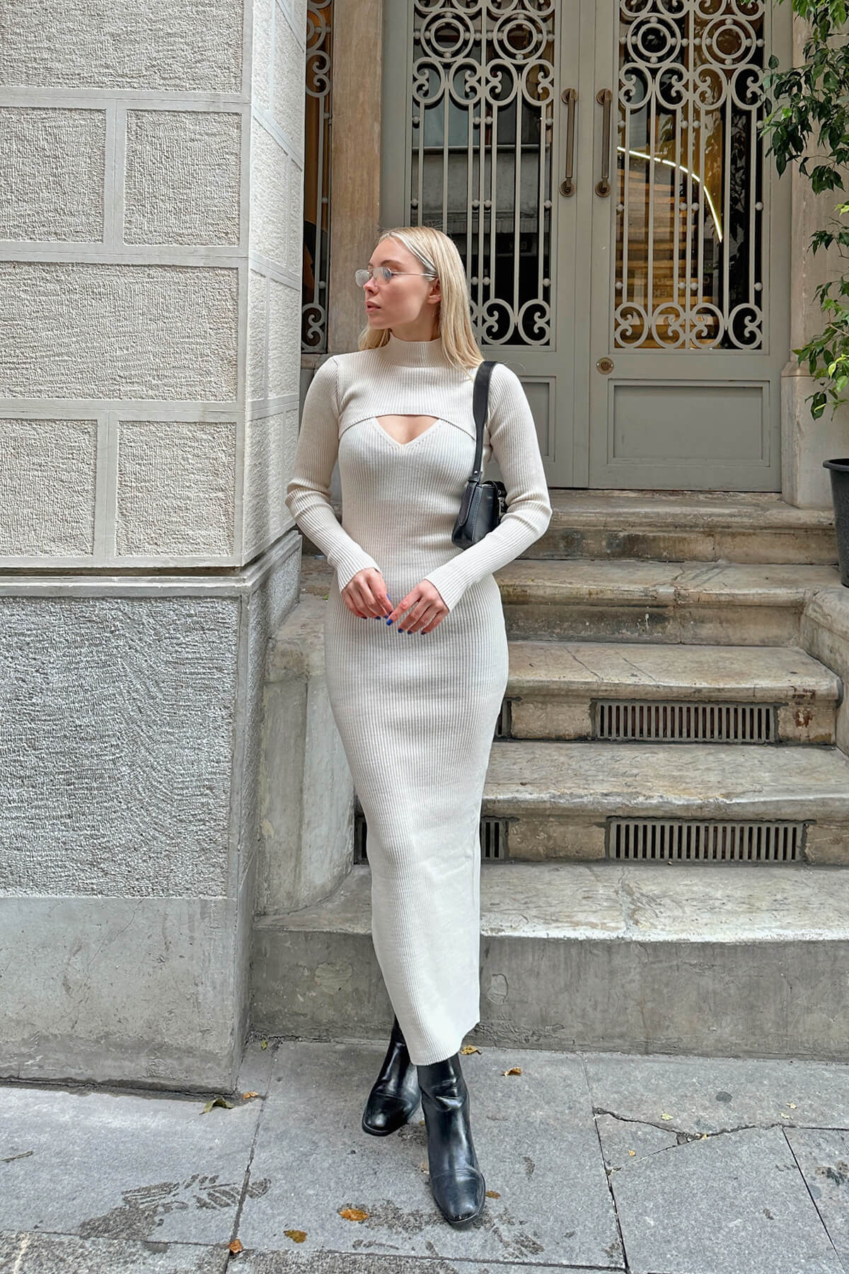Bej Askılı ve Uzun Kol Crop Kadın Triko Midi Elbise - 2