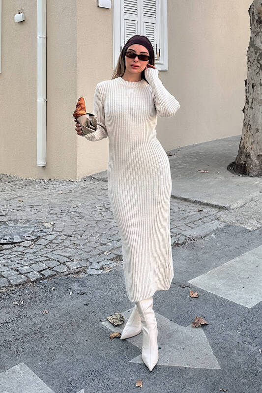 Bej Bria Bisiklet Yaka Kadın Kalın Triko Midi Elbise - SWİST (1)