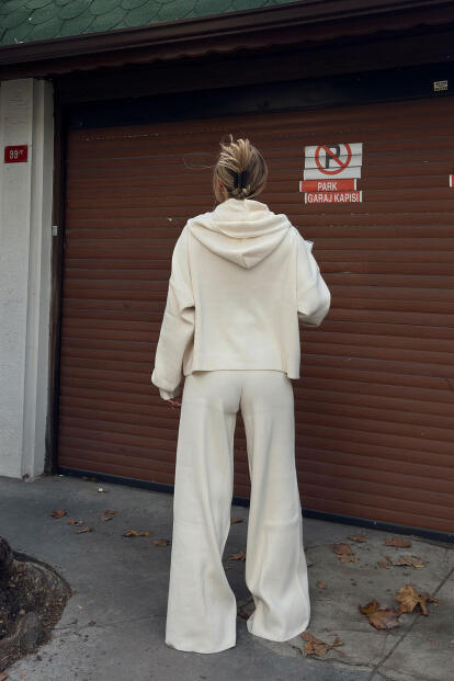 Bej Çimalı Kapüşonlu Hırka-Pantolon Oversize Kadın Triko Alt Üst Takım - 5