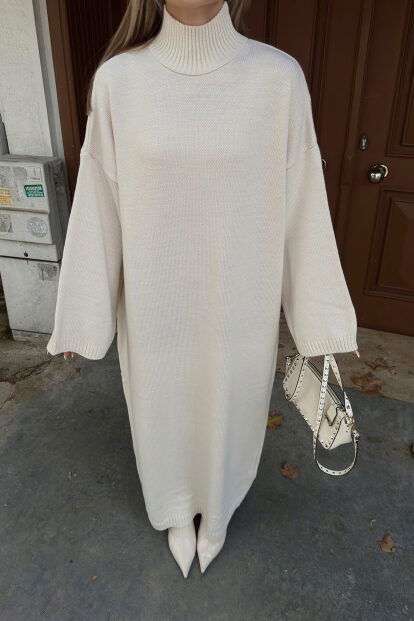 Bej Daly Yarım Balıkçı Oversize Kadın Triko Midi Elbise - 4