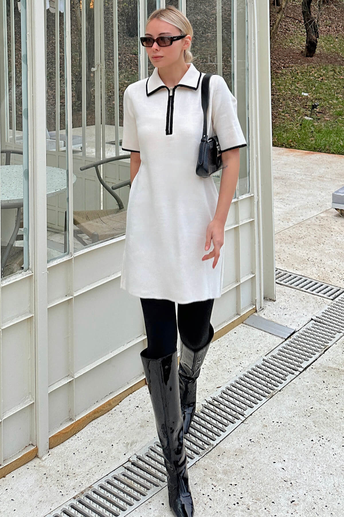 Bej Dami Polo Yaka Fermuarlı Örgü Kısa Kol Kadın Triko Mini Elbise - 1