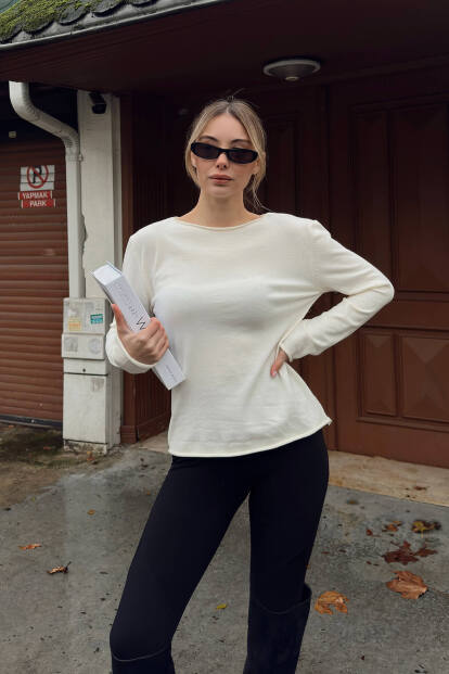 Bej Kayık Yaka Basic Kadın Korsman Triko Bluz - 3