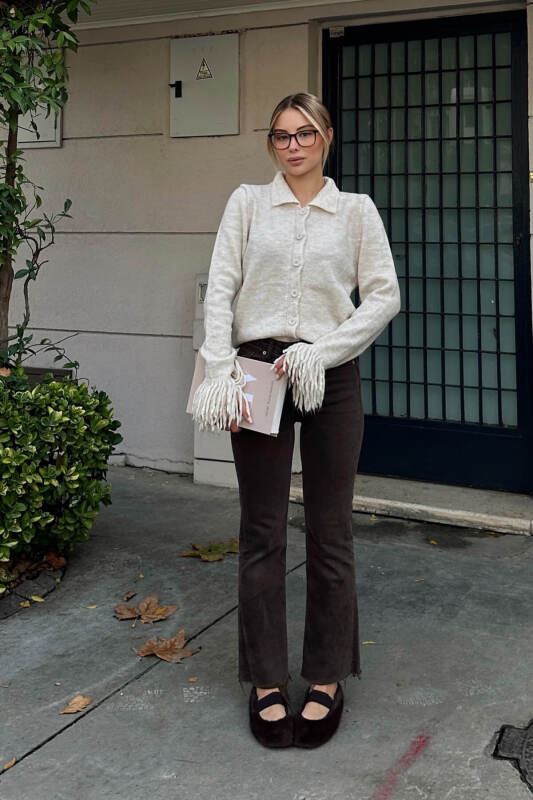 Bej Kol Ucu Püskül Detay Polo Yaka Kadın Triko Hırka - SWİST (1)