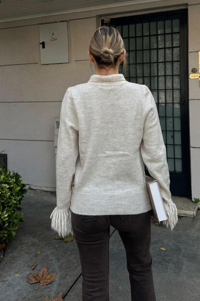 Bej Kol Ucu Püskül Detay Polo Yaka Kadın Triko Hırka - 5