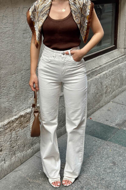 Bej Paça Detaylı Yüksek Bel Wide Leg Kadın Jean - 4