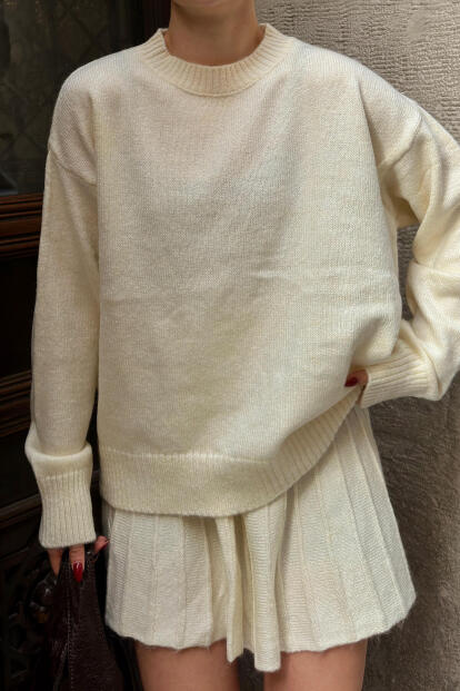 Bej Paloma Piliseli Etek-Bisiklet Yaka Kazak Kadın Triko Alt Üst Takım - 4