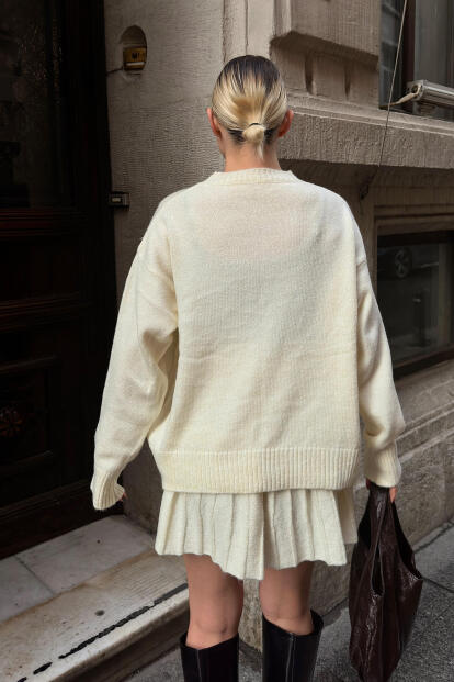 Bej Paloma Piliseli Etek-Bisiklet Yaka Kazak Kadın Triko Alt Üst Takım - 5