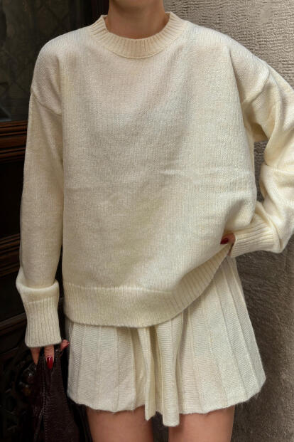 Bej Paloma Piliseli Etek-Bisiklet Yaka Kazak Kadın Triko Alt Üst Takım - 4