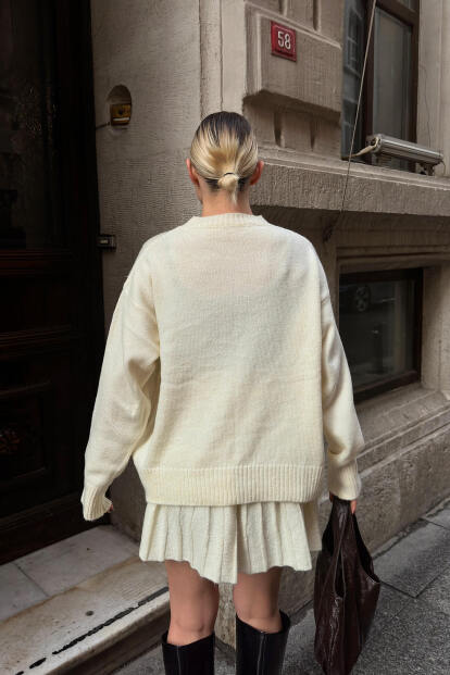 Bej Paloma Piliseli Etek-Bisiklet Yaka Kazak Kadın Triko Alt Üst Takım - 5