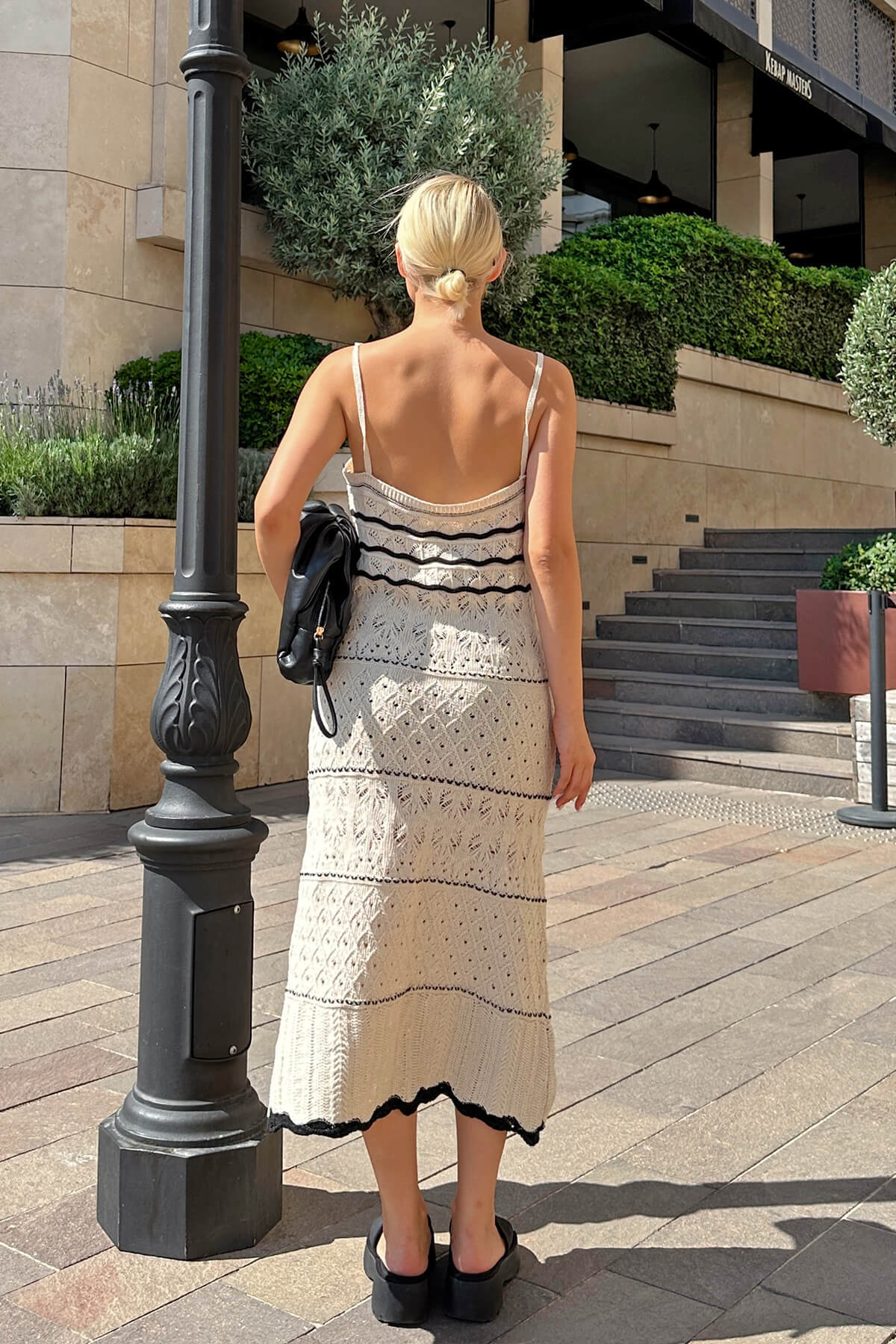 Bej Poena Askılı Ajurlu Yazlık Kadın Triko Midi Elbise - 5