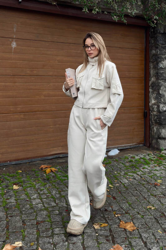 Bej Scuba Kapüşonlu Fermuarlı Crop Pantolon Cepli Kadın Alt Üst Takım - SWİST (1)