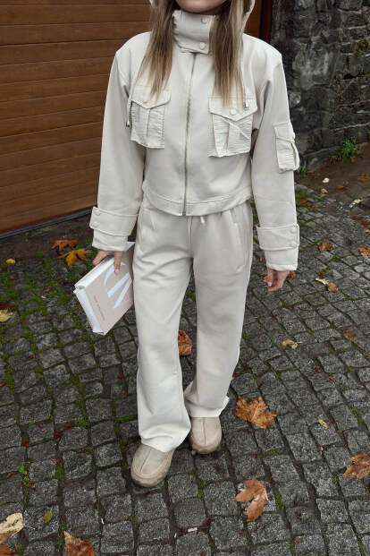 Bej Scuba Kapüşonlu Fermuarlı Crop Pantolon Cepli Kadın Alt Üst Takım - 4