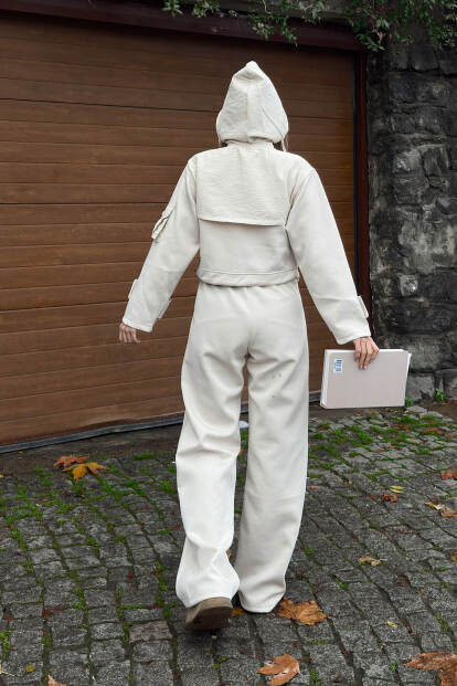 Bej Scuba Kapüşonlu Fermuarlı Crop Pantolon Cepli Kadın Alt Üst Takım - 5