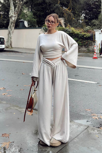 Bej Yarasa Kol Crop Bel Detay Bol Paça Pantolon Kadın Alt Üst Takım - 2