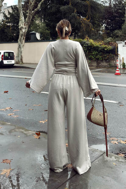 Bej Yarasa Kol Crop Bel Detay Bol Paça Pantolon Kadın Alt Üst Takım - 5