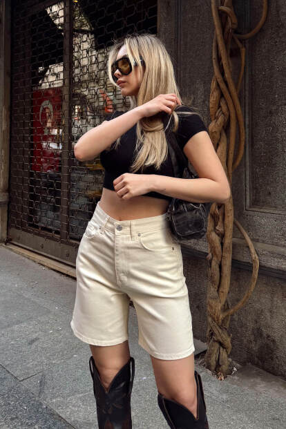 Bej Yüksek Bel Kadın Fit Denim Şort - 3