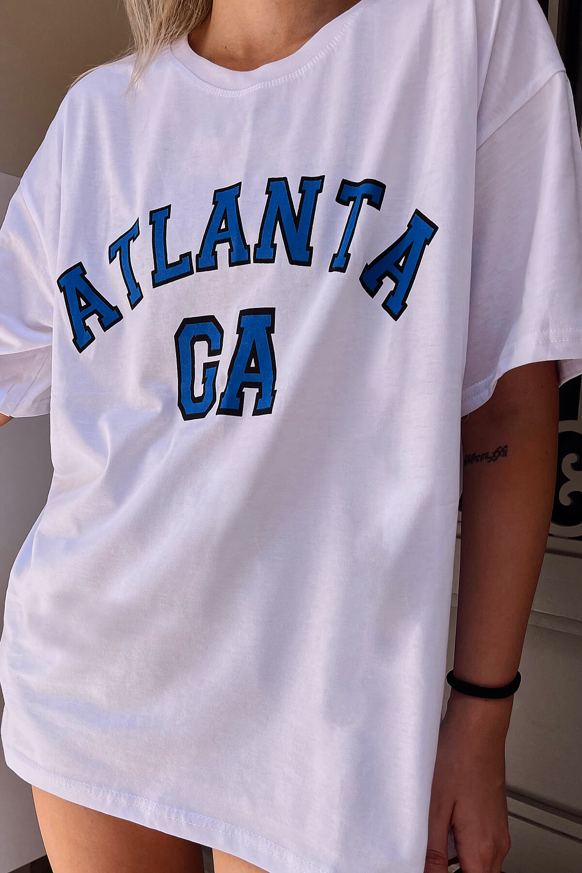 Beyaz Atlanta Baskılı Oversize Kadın Tshirt - 2