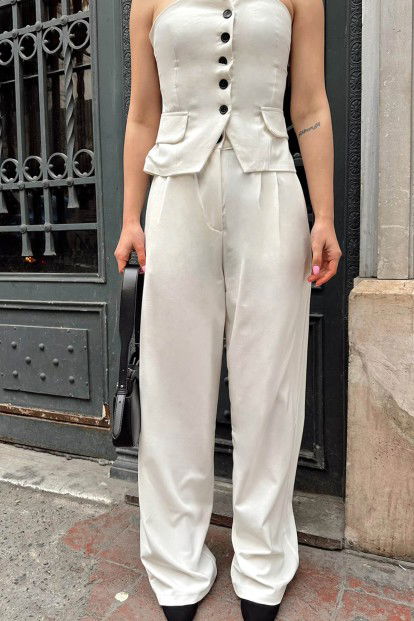 Beyaz Düğmeli Straplez-Pantolon Kadın Alt-Üst Takım - 4