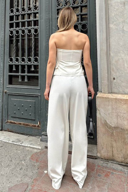 Beyaz Düğmeli Straplez-Pantolon Kadın Alt-Üst Takım - 5