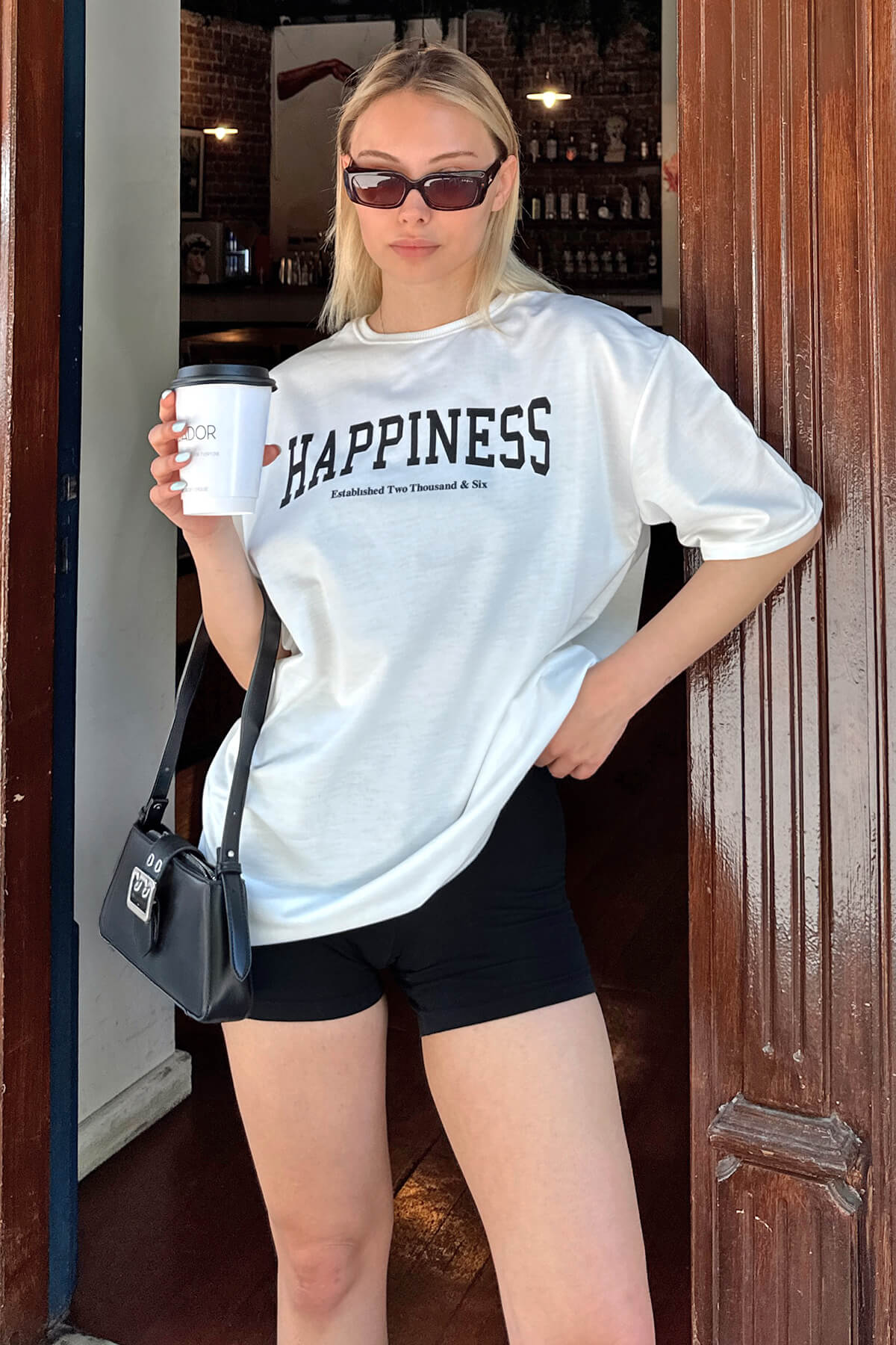 Beyaz Happiness Baskılı Oversize Kadın Tshirt - 1